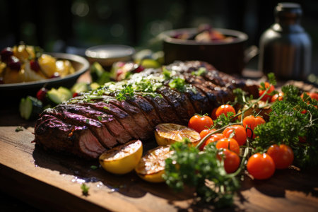 Grilled picanha at the point, served with fresh vegetables, at a family lunch in the garden., generative IAの素材