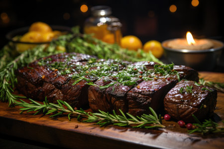 Grilled picanha with fresh herbs, in a barbecue in the backyard with hanging lights., generative AIの素材