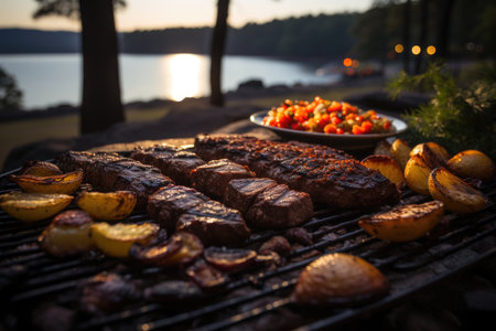 Grilled picanha at the point, in a barbecue in a wooded park with plaid tablecloths and high flames., generative AIの素材