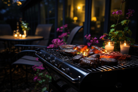 Grilled picanha with fresh herbs, in a barbecue in the backyard with rocking chairs and a quiet stream under the moonlight and a lit bonfire, under thの素材