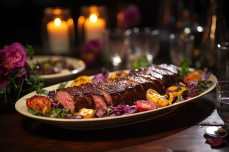 Successional picanha on a ceramic plate, in a festive banquet with flower decoration., generative AIの素材