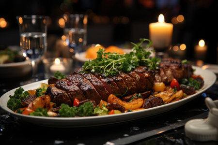 Grilled picanha at Ponto, served in a sophisticated restaurant with works of art on the walls., generative AIの素材