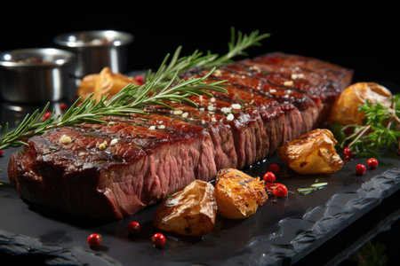 Grilled picanha or rump steak on the marble board. black background. View of the top, generative AIの素材