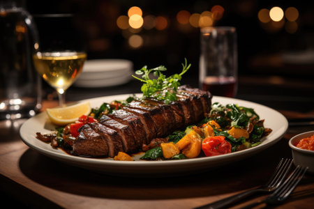 Grilled picanha na Ponto, served in a sophisticated restaurant with works of contemporary art on the walls., generative AIの素材