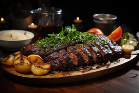 Grilled picanha at Ponto, served in a sophisticated restaurant with works of art on the walls., generative AIの素材