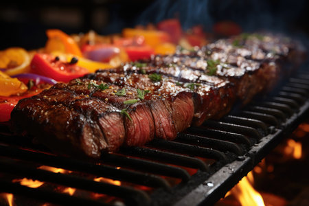 Juicy picanha on the grill, in a barbecue by the pool with night lighting and a lively dance floor under the stars., generative AIの素材