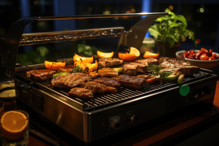 Succulent picanha on the grill, in a barbecue by the pool with waterfront sun loungers and bright palm trees at night, under the moonlight and a softの素材
