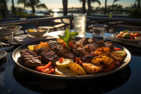 Successional picanha on the grill, in a barbecue by the pool with waterfront loungers and illuminated palm trees., generative AIの素材