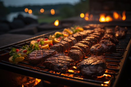 Successional picanha on the grill, in a barbecue by the lake with bonfire., generative AIの素材