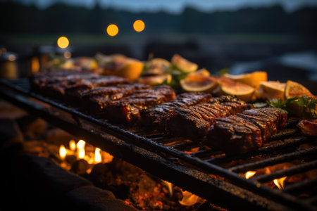 Juicy picanha on the grill, in a barbecue by the lake with fire and friends having fun., generative AIの素材