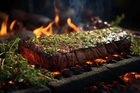 A steak being baked in the fire with a sprig of green grass over it., generative AIの素材