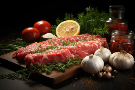 Upper view of red raw meat fresh garlic garlic knife on the brown wooden board lemon on the right side over dark background, generative AIの素材