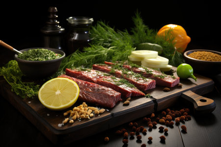Side view of green raw meat fresh in a cutting board and black lemon pepper hammer flower in black green background mix, generative AIの素材