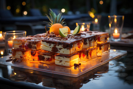 Pineapple cake in a pool edge buffet under a starry sky and a soft night breeze., generative AIの素材