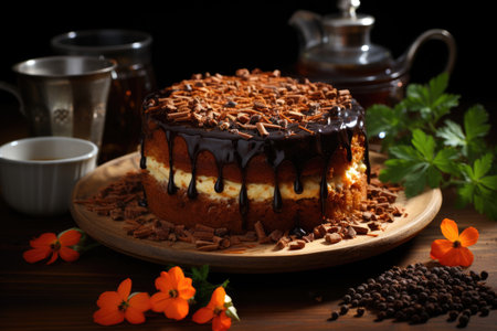 Brazilian carrot cake with chocolate icing on the wooden table with carrot in the , generative AIの素材