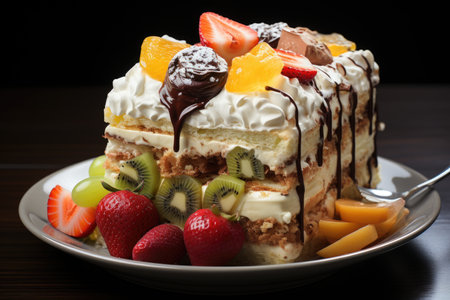 Side-sight fruit cake with vanilla cream, chocolate, kiwi, orange, pineapple and , generative AIの素材