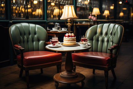 Coconut cake in a vintage cafÃ© with upholstered armchairs and soft lighting., generative AIの素材