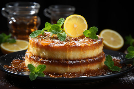 Homemade round lemon cake with topping and lemon zest on a typical Brazilian food, generative AIの素材