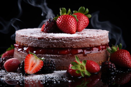 Red Strawberry Cake Delicious Round Sweet Powder on the Gray Table, generative AIの素材