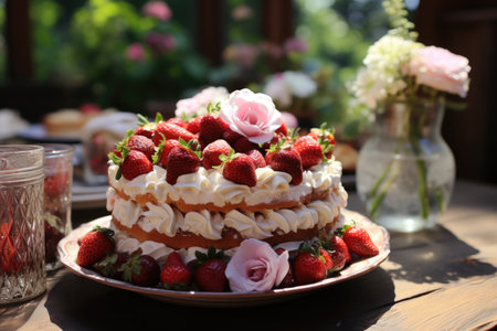 Strawberry cake with whipped cream in an outdoor wedding with flowers and a pictur, generative AIの素材