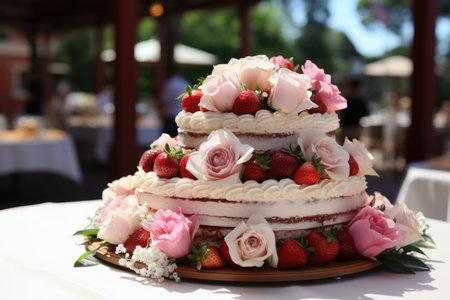 Strawberry cake with whipped cream in an outdoor wedding with flowers and a pictur, generative AIの素材