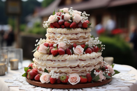 Strawberry cake with whipped cream in an outdoor wedding with flowers and a pictur, generative AIの素材