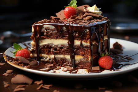 Sliced round cake with pieces of chocolate cream and chocolate, generative AIの素材