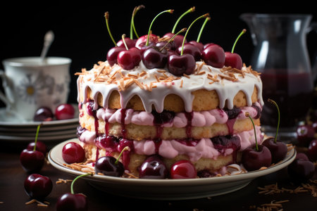 Closeup shot of a cherry cake with cream and ingredients next to black, generative AIの素材