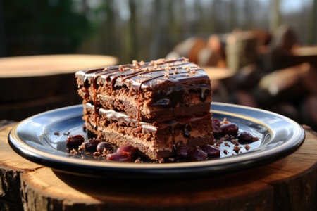 Delicious slice of chocolate cake in rustic dishes generated by ia, generative IAの素材