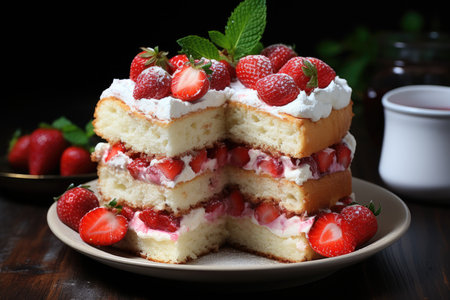 Vertical close-up of the delicious vanilla cream cake with strawberries inside a whit, generative AIの素材