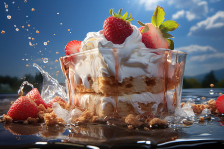 Delicious ice cream yogurt cake with biscuit background and strawberries, generative AIの素材