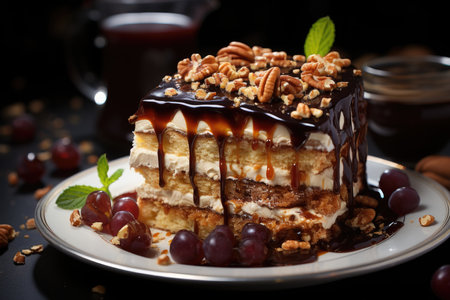 Layered cake with chocolate cakes, caramel cream and hazelnuts, a piece of cake wi, generative AIの素材