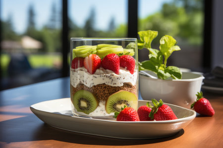 Detox and healthy overlooking breakfast in Jar. Vegan Coconut Milk Chia Seed Pudding with Strawberries and Kiwi. View from the top. flat posture., geneの素材