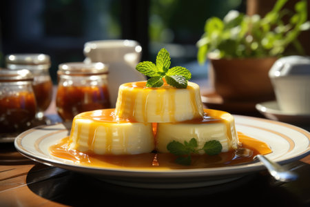 Pudding Sweet Dessert, Caramel, Healthy Meal of Lemon Snack on the Table Copy Space Food, generative AIの素材