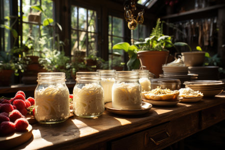 Homemade pudding in a rustic farm kitchen with windows that let the sunlight come in., generative AIの素材