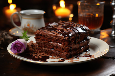 Vertical photo of a delicious chocolate cake on a plate next to some pieces of cho, generative AIの素材
