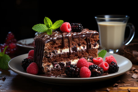 Vertical photo of a chocolate cake and a slice on a plate next to some pieces of c, generative AIの素材