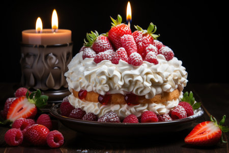 Beautiful birthday cake covered with whipped cream and fresh strawberry. gray back, generative AIの素材