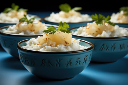 Passes in a rice pudding bowl over the blue background. high quality photo, generative AIの素材