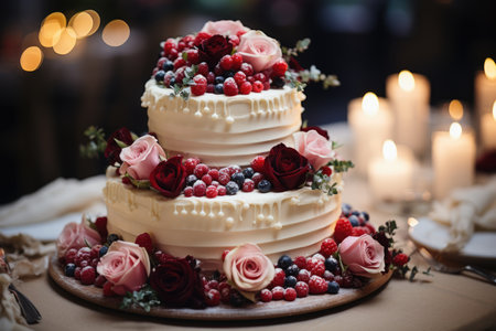 Selective focus photo of a delicious white wedding cake with red fruits, flowers a, generative AIの素材