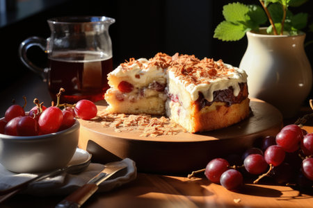 Vertical photo of a crispy rhabarbar cake pie and some ingredients on a white tabl, generative AIの素材