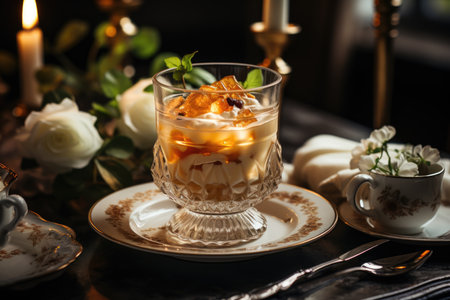 Peach pudding dessert in a classic dining room with crystal chandelier and silk curtains., generative AIの素材