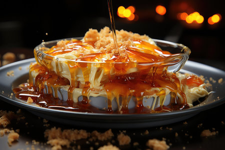 Condensed milk pudding and egg yolk with delicious homemade drip syrup, generative AIの素材
