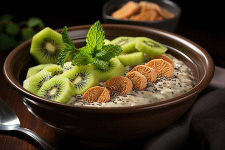 Delicious and healthy chia pudding with banana seeds, kiwi and chia., generative AIの素材