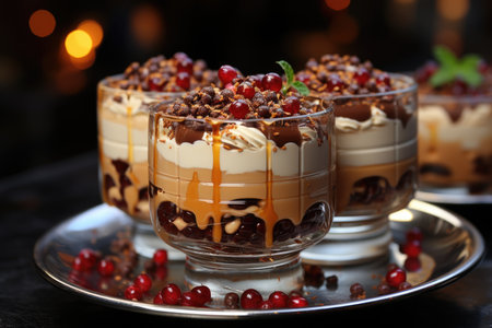 Dessert pudding front view on a cup of chocolate, generative AIの素材