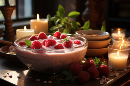 Rice pudding in a pink bowl with raspberries on the marble table., generative AIの素材