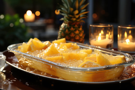 Pineapple pudding at a tropical pool party with coconut trees and lively music., generative AIの素材