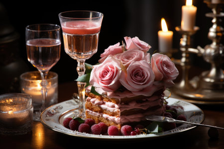 A beautiful three layer cake with rose ornaments and champagne bowls on the table, generative AIの素材