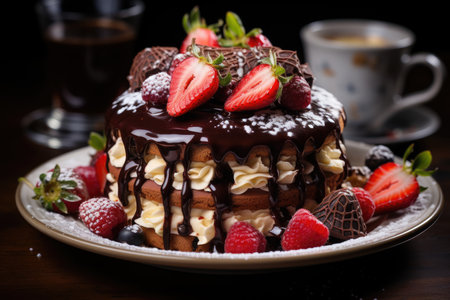 Side view of the chocolate cake decorated with strawberries and cookies on the tab, generative AIの素材