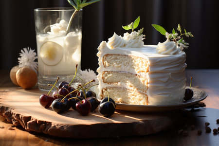 Delicious white cake shot appears on the white and wooden table, generative AIの素材